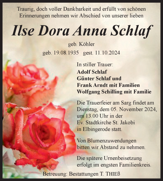 Traueranzeige von Ilse Dora Anna Schlaf von Volksstimme Wernigerode