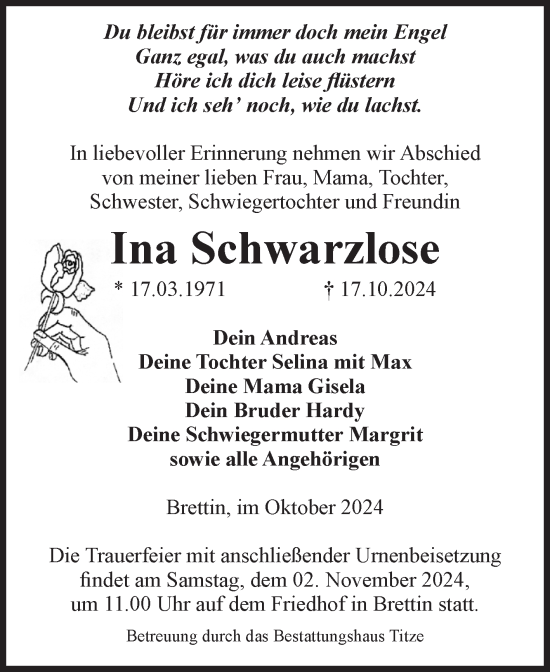 Traueranzeige von Ina Schwarzlose von Volksstimme Burg/Genthin