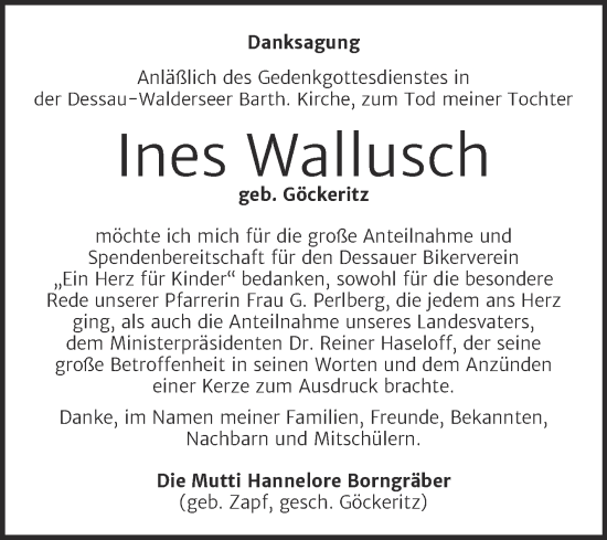 Traueranzeige von Ines Wallusch von Trauerkombi Dessau
