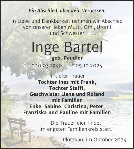 Traueranzeige von Inge Bartel von Trauerkombi Bernburg