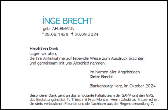 Traueranzeige von Inge Brecht von Volksstimme Wernigerode