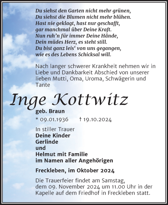 Traueranzeige von Inge Kottwitz von Trauerkombi Aschersleben
