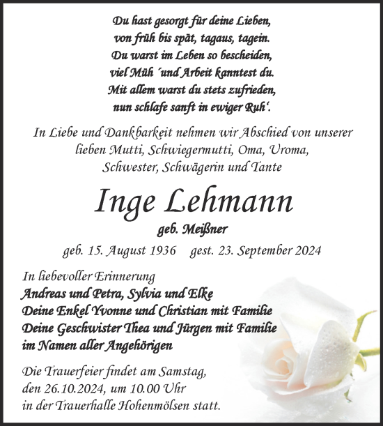 Traueranzeige von Inge Lehmann von Trauerkombi Weißenfels