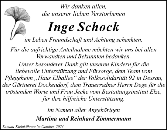 Traueranzeige von Inge Schock von Trauerkombi Dessau