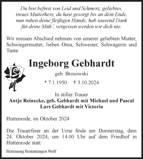 Traueranzeige von Ingeborg Gebhardt von Volksstimme Wernigerode