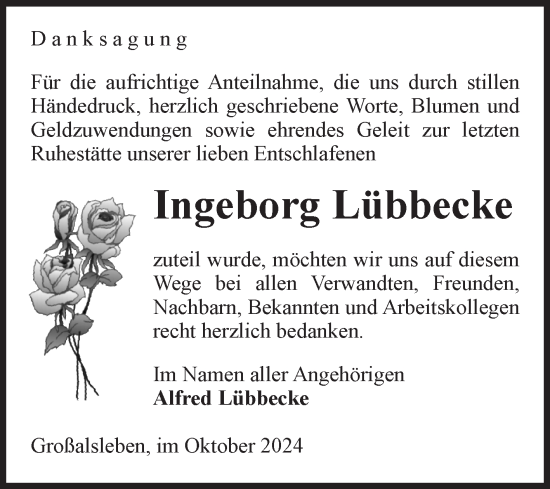 Traueranzeige von Ingeborg Lübbecke von Volksstimme Oschersleben/Wanzleben