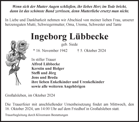 Traueranzeige von Ingeborg Lübbecke von Volksstimme Oschersleben/Wanzleben