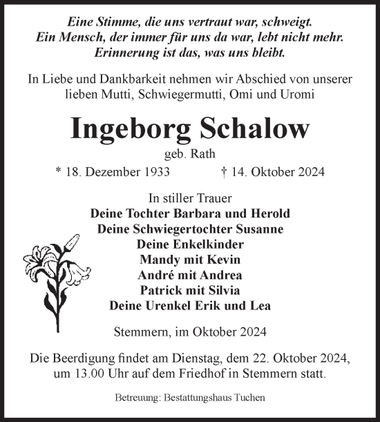Traueranzeige von Ingeborg Schalow von Volksstimme Oschersleben/Wanzleben