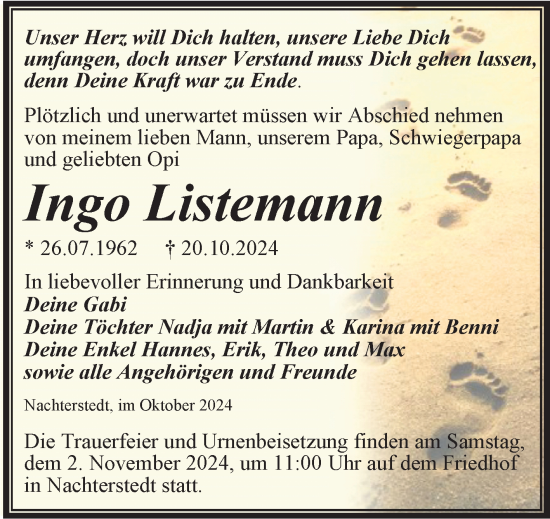 Traueranzeige von Ingo Listemann von Trauerkombi Aschersleben