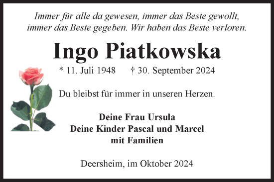 Traueranzeige von Ingo Piatkowska von Volksstimme Halberstadt