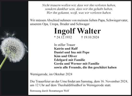Traueranzeige von Ingolf Walter von Volksstimme Wernigerode