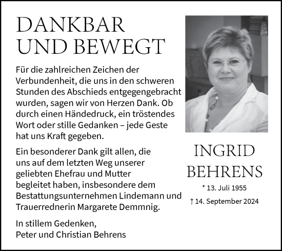 Traueranzeige von Ingrid Behrens von Volksstimme Wernigerode