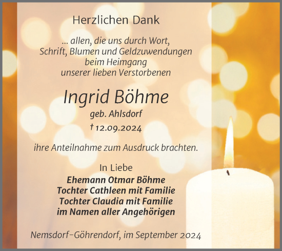 Traueranzeige von Ingrid Böhme von Trauerkombi Merseburg