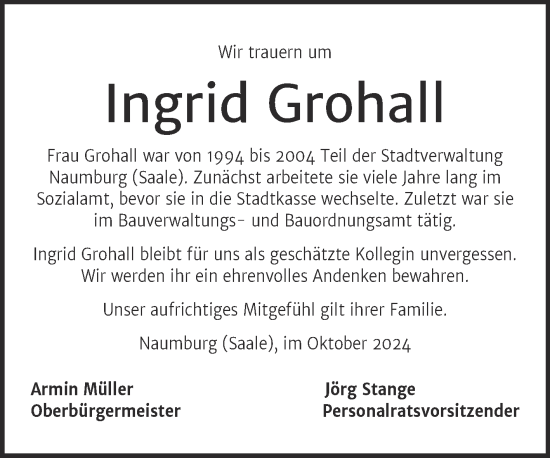 Traueranzeige von Ingrid Grohall von Naumburger Tageblatt