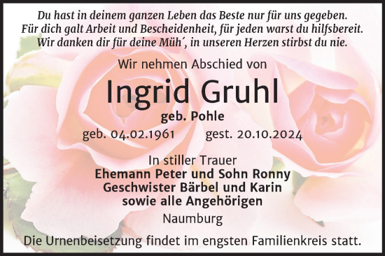 Traueranzeige von Ingrid Gruhl von Naumburger Tageblatt