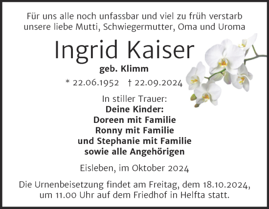 Traueranzeige von Ingrid Kaiser von Trauerkombi Mansfelder Land