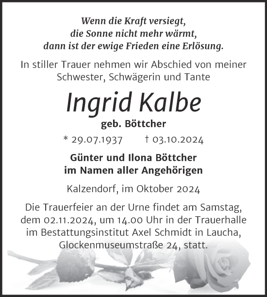 Traueranzeige von Ingrid Kalbe von Trauerkombi Merseburg