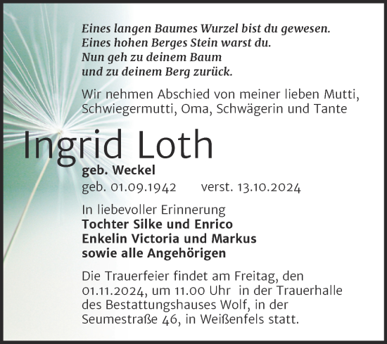 Traueranzeige von Ingrid Loth von Trauerkombi Weißenfels