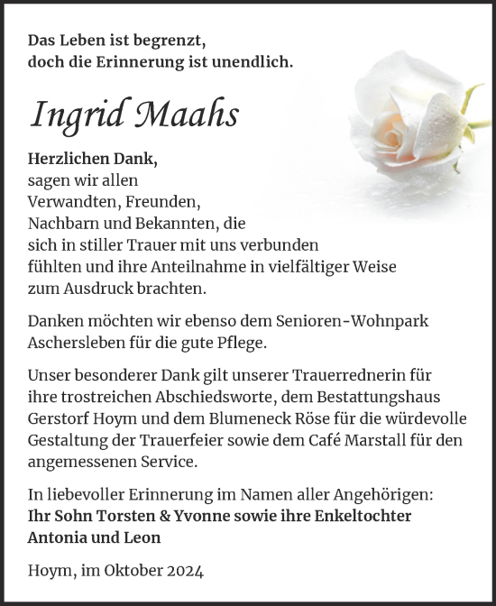 Traueranzeige von Ingrid Maahs von Trauerkombi Aschersleben
