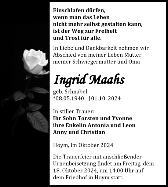Traueranzeige von Ingrid Maahs von Trauerkombi Aschersleben