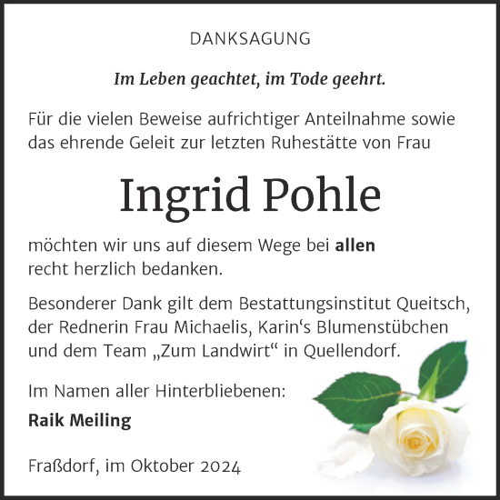 Traueranzeige von Ingrid Pohle von Trauerkombi Köthen