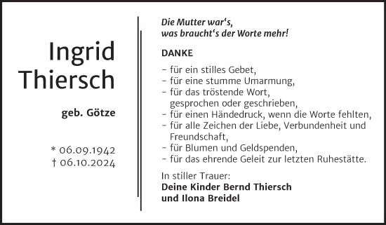 Traueranzeige von Ingrid Thiersch von Super Sonntag Naumburg/Nebra