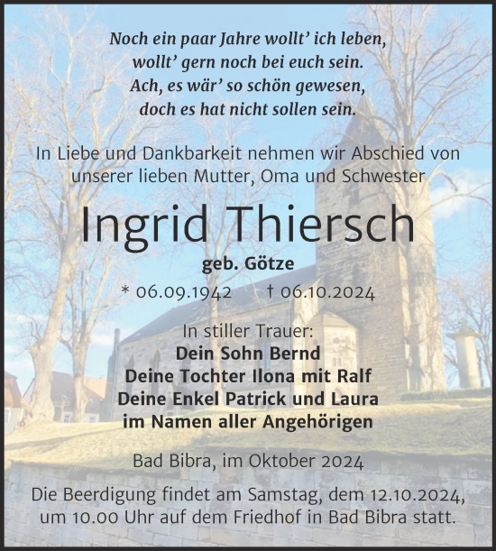 Traueranzeige von Ingrid Thiersch von Naumburger Tageblatt