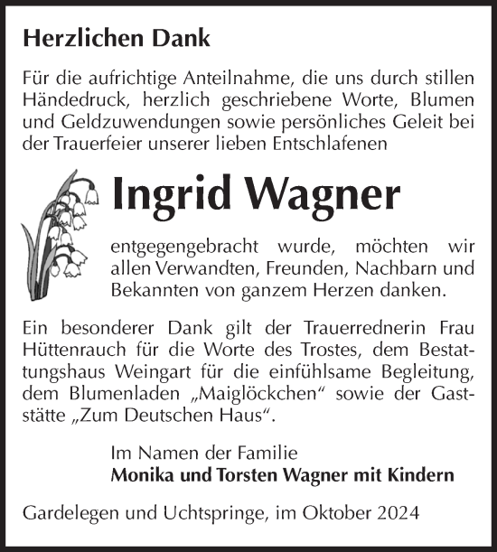 Traueranzeige von Ingrid Wagner von Volksstimme Altmark Ost