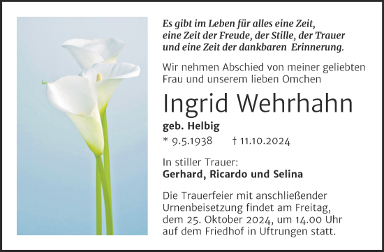 Traueranzeige von Ingrid Wehrhahn von Trauerkombi Sangerhausen