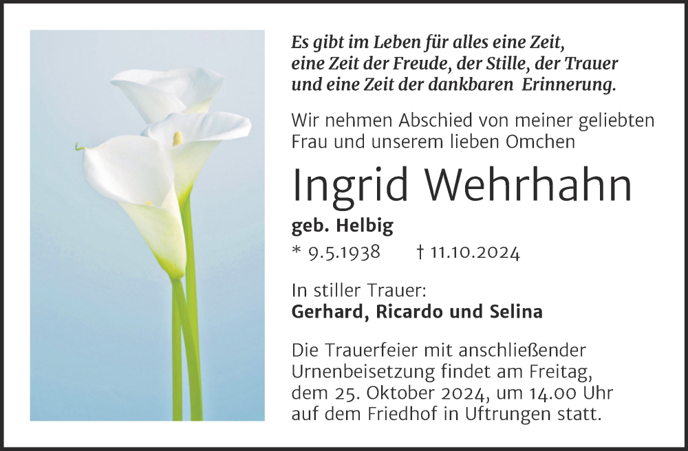  Traueranzeige für Ingrid Wehrhahn vom 19.10.2024 aus Trauerkombi Sangerhausen