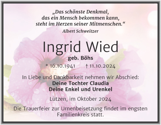 Traueranzeige von Ingrid Wied von Trauerkombi Weißenfels