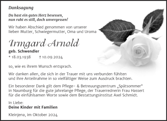 Traueranzeige von Irmgard Arnold von Super Sonntag Naumburg/Nebra