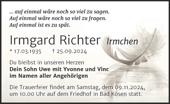 Traueranzeige von Irmgard Richter von Super Sonntag Naumburg/Nebra