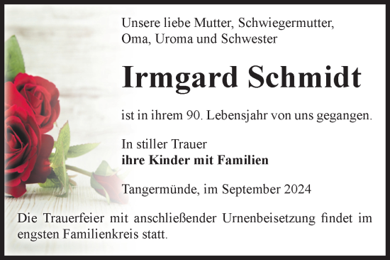 Traueranzeige von Irmgard Schmidt von Volksstimme Altmark Ost