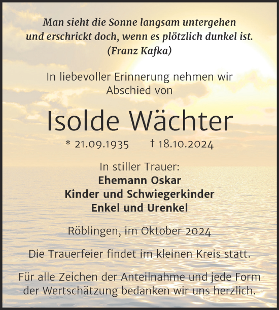 Traueranzeige von Isolde Wächter von Trauerkombi Mansfelder Land