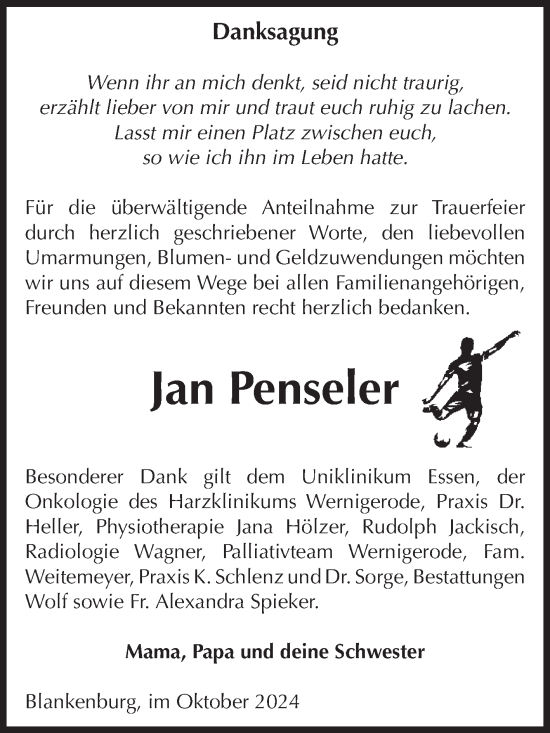 Traueranzeige von Jan Penseler von Volksstimme Wernigerode