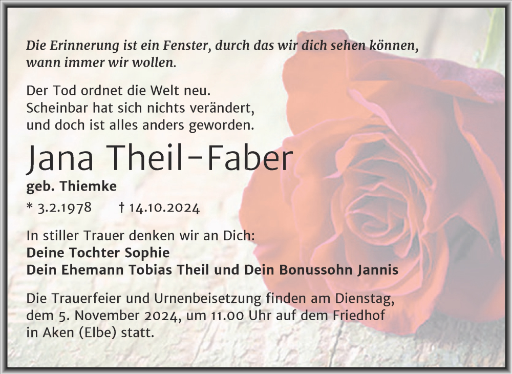  Traueranzeige für Jana Theil-Faber vom 17.10.2024 aus Trauerkombi Köthen