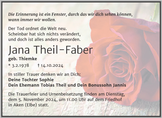 Traueranzeige von Jana Theil-Faber von Trauerkombi Köthen
