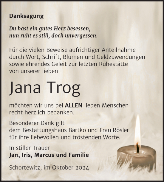 Traueranzeige von Jana Trog von Trauerkombi Köthen