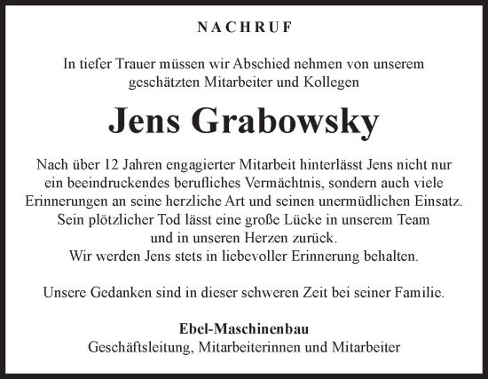 Traueranzeige von Jens Grabowsky von Volksstimme Haldensleben/Wolmirstedt