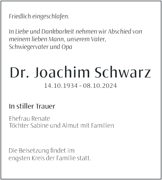 Traueranzeige von Joachim Schwarz von Mitteldeutsche Zeitung Halle/Saalkreis