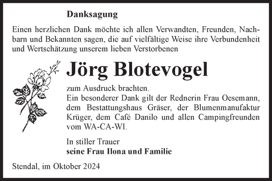 Traueranzeige von Jörg Blotevogel von Volksstimme Altmark Ost