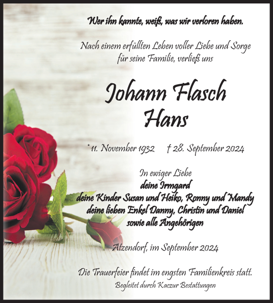 Traueranzeige von Johann Flasch von Volksstimme Staßfurt