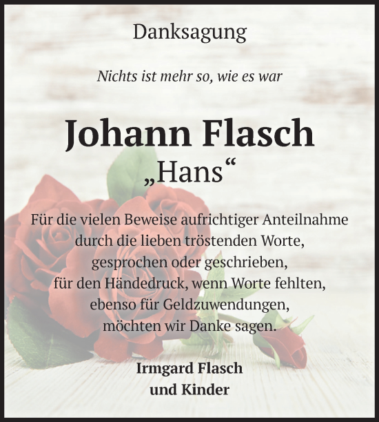Traueranzeige von Johann Flasch von Volksstimme Staßfurt