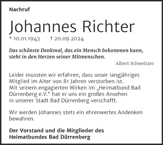 Traueranzeige von Johannes Richter von Trauerkombi Merseburg