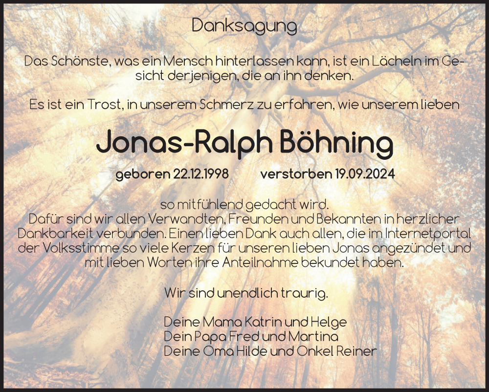  Traueranzeige für Jonas-Ralph Böhning vom 26.10.2024 aus Volksstimme Burg/Genthin