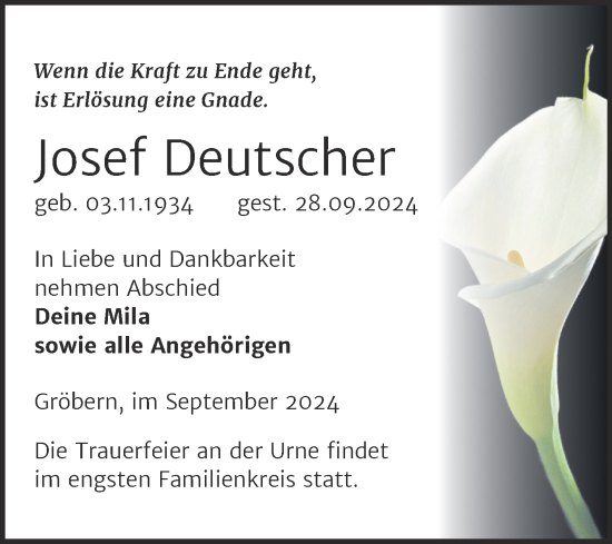 Traueranzeige von Josef Deutscher von Trauerkombi Bitterfeld