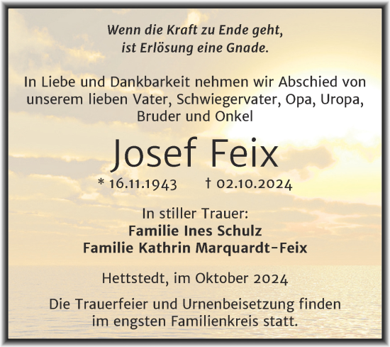 Traueranzeige von Josef Feix von Mitteldeutsche Zeitung Mansfelder Land