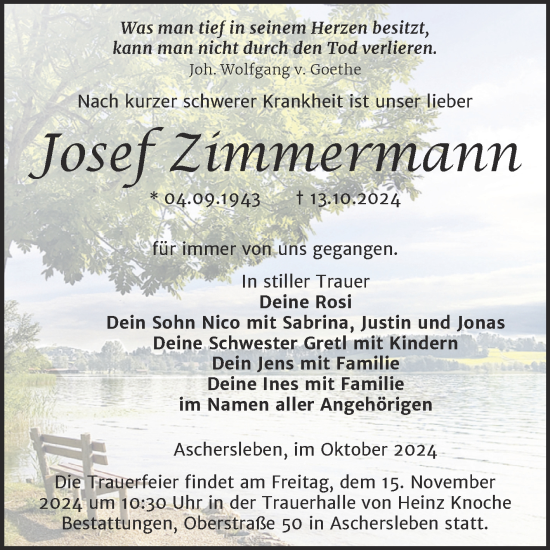Traueranzeige von Josef Zimmermann von Trauerkombi Aschersleben