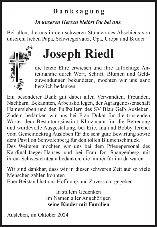 Traueranzeige von Joseph Riedl von Volksstimme Oschersleben/Wanzleben